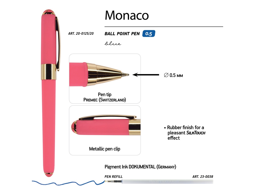 Ручка пластиковая шариковая Monaco, 0,5мм, синие чернила, коралловый