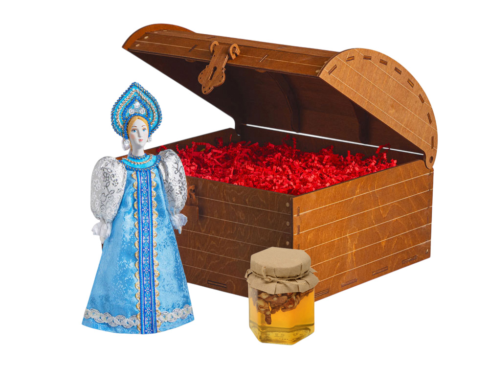 Подарочный набор: кукла фарфоровая, мед, голубой
