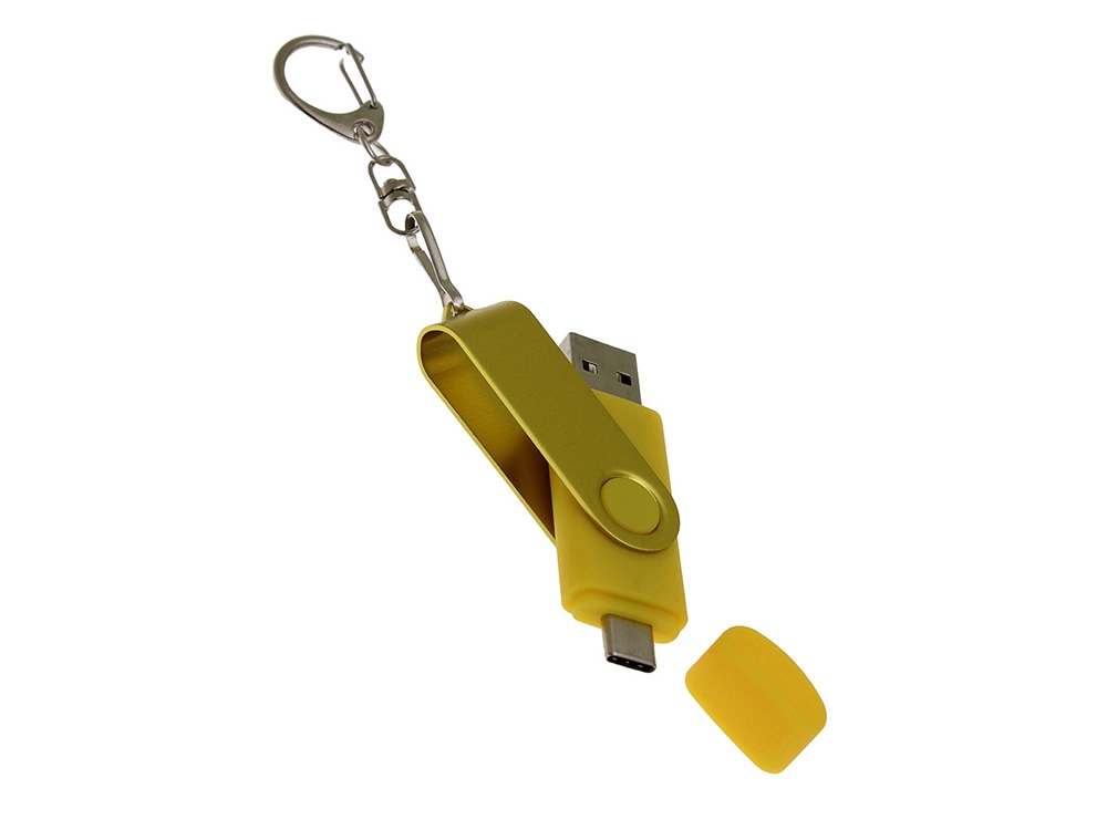 USB-флешка на 128 Гб 2 в 1 поворотный механизм, c дополнительным разъемом Type-C с одноцветным металлическим клипом, желтый