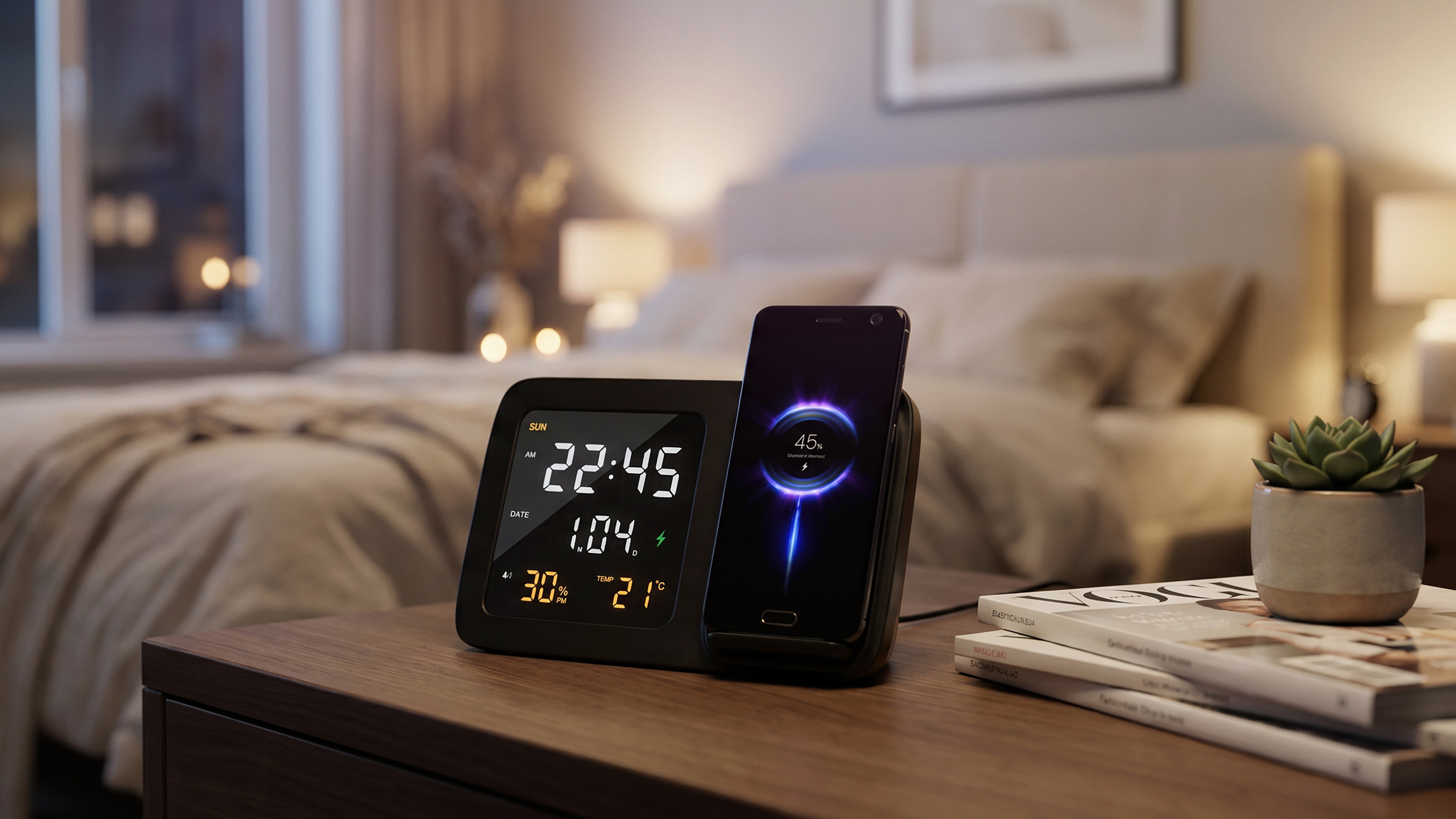 Настольные часы "Smart Screen" с беспроводным (15W) зарядным устройством, гигрометром, термометром, календарём, с подсветкой логотипа, черный