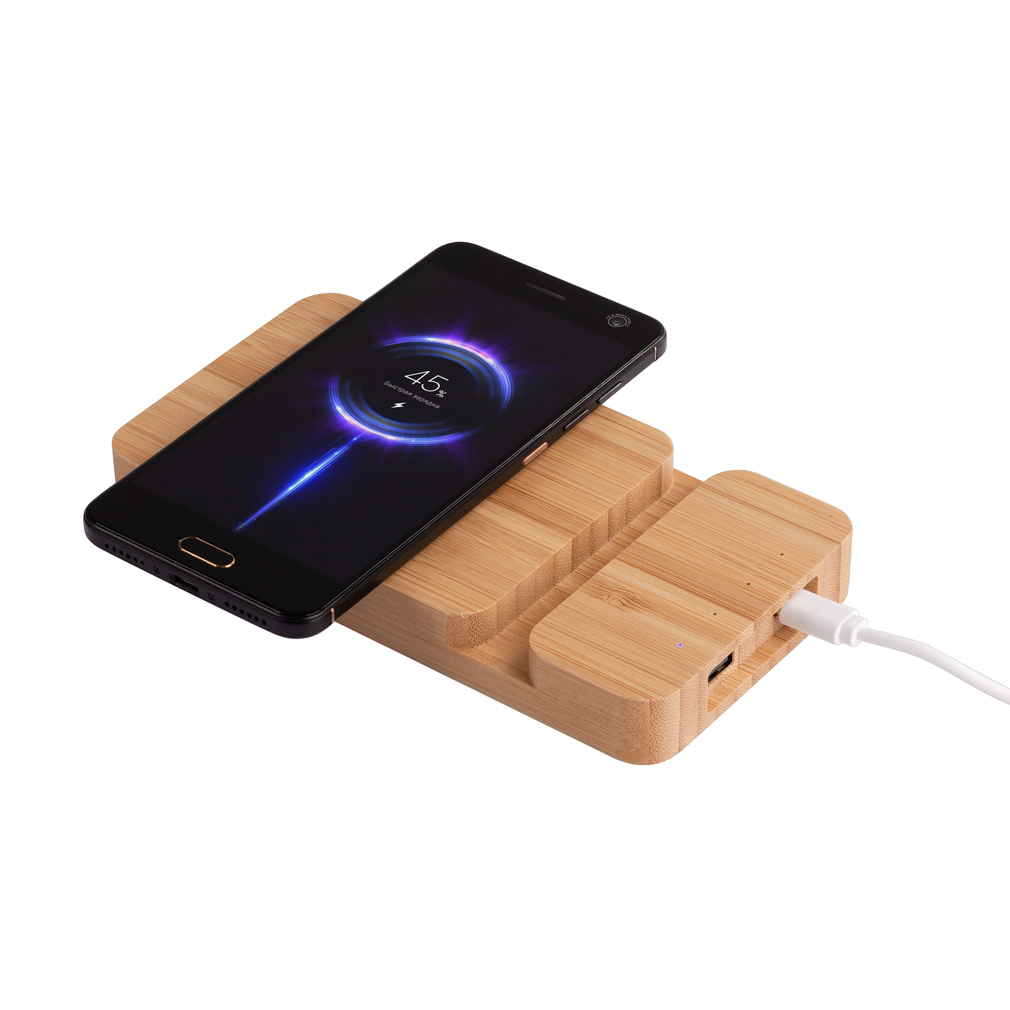 Беспроводное (10W) зарядное устройство "Bamboo Power" 5000 mAh с подставкой под смартфон, бамбук фото на сайте Print Logo.