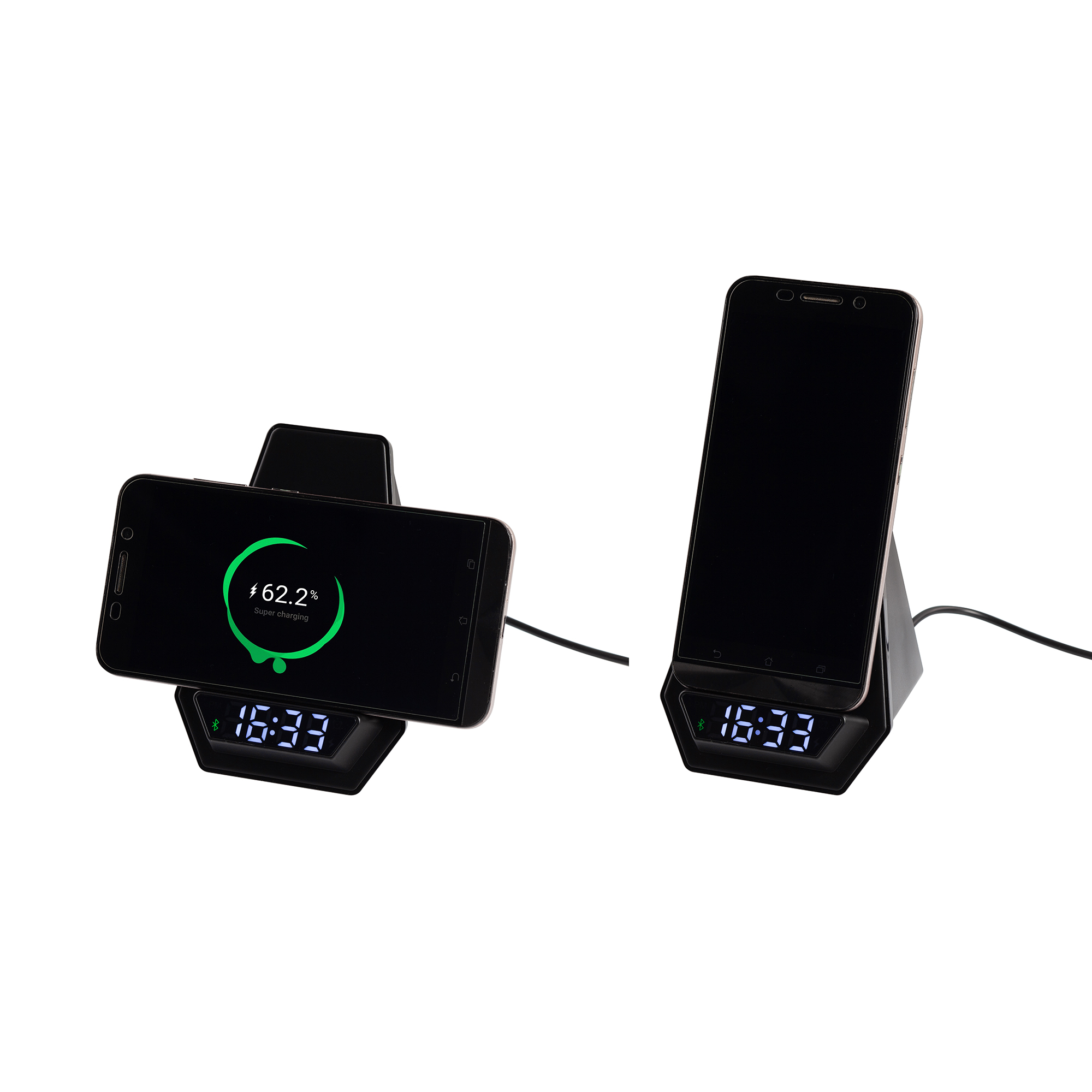 Настольная Bluetooth колонка (3Вт) "Smart Pyramid" с часами и беспроводным (15W) зарядным устройством, с подсветкой логотипа фото на сайте Print Logo.