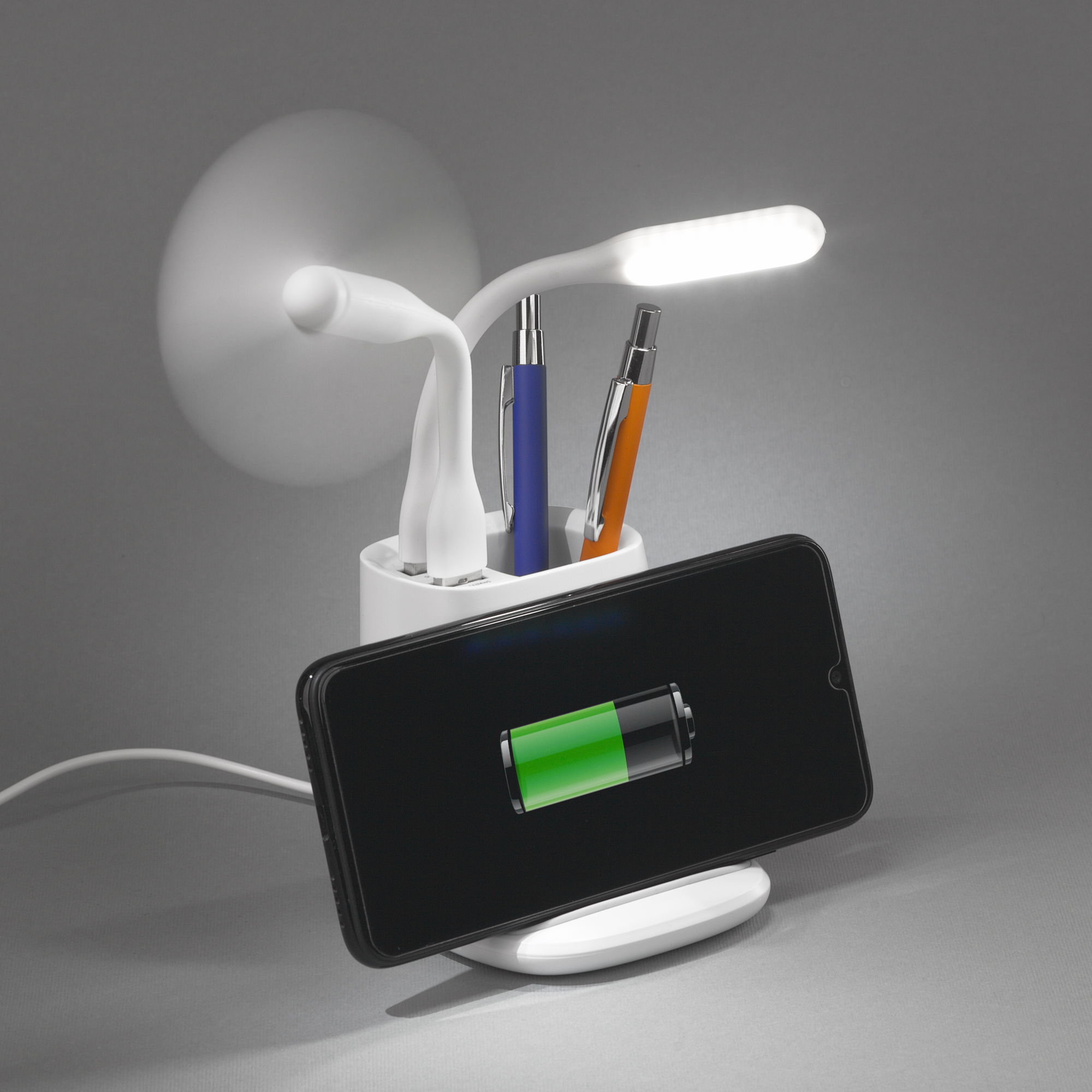 Карандашница "Smart Stand" с беспроводным зарядным устройством, вентилятором и лампой (2USB разъёма) фото на сайте Print Logo.