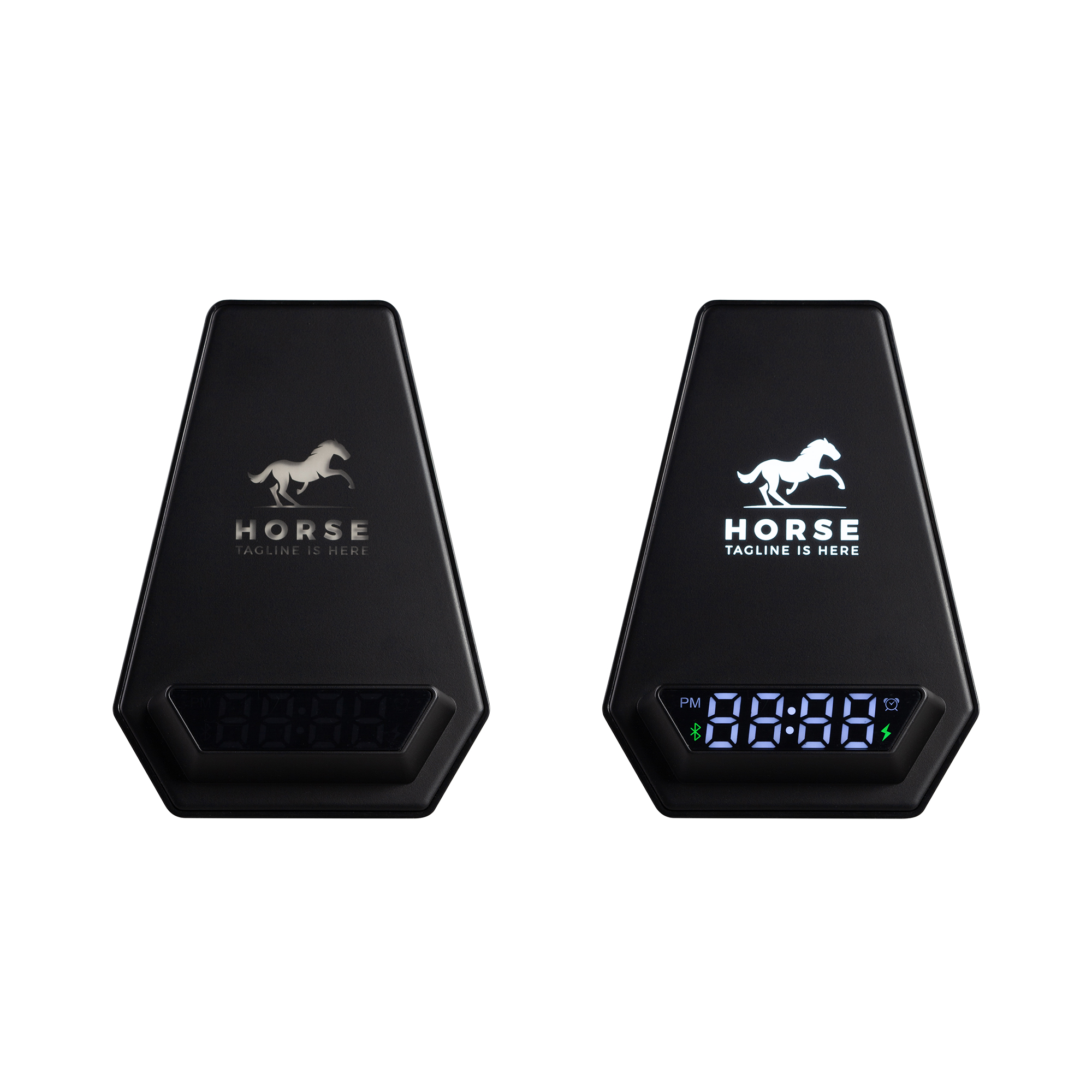 Настольная Bluetooth колонка (3Вт) "Smart Pyramid" с часами и беспроводным (15W) зарядным устройством, с подсветкой логотипа фото на сайте Print Logo.