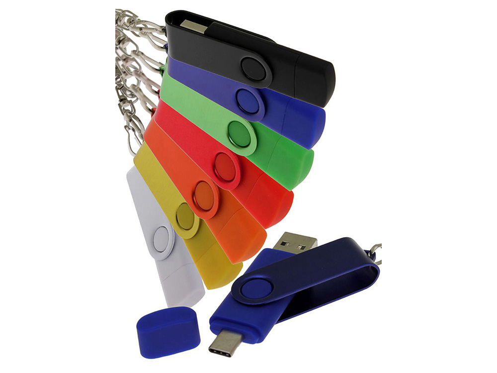 USB-флешка на 128 Гб 2 в 1 поворотный механизм, c дополнительным разъемом Type-C с одноцветным металлическим клипом, желтый