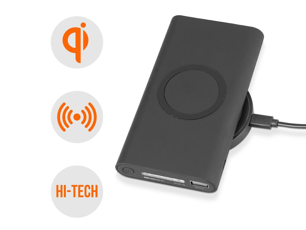 Набор из внешнего аккумулятора и беспроводной зарядки Force, 8000 mAh с логотипом Qjet | Print Logo