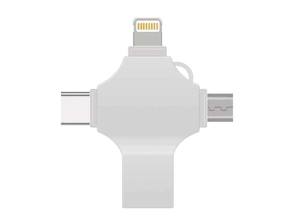 USB-флешка на 256 Гб 4 в 1 поворотный механизм, c дополнительными разъемами MicroUSB, TypeC и Lightning, серебристый