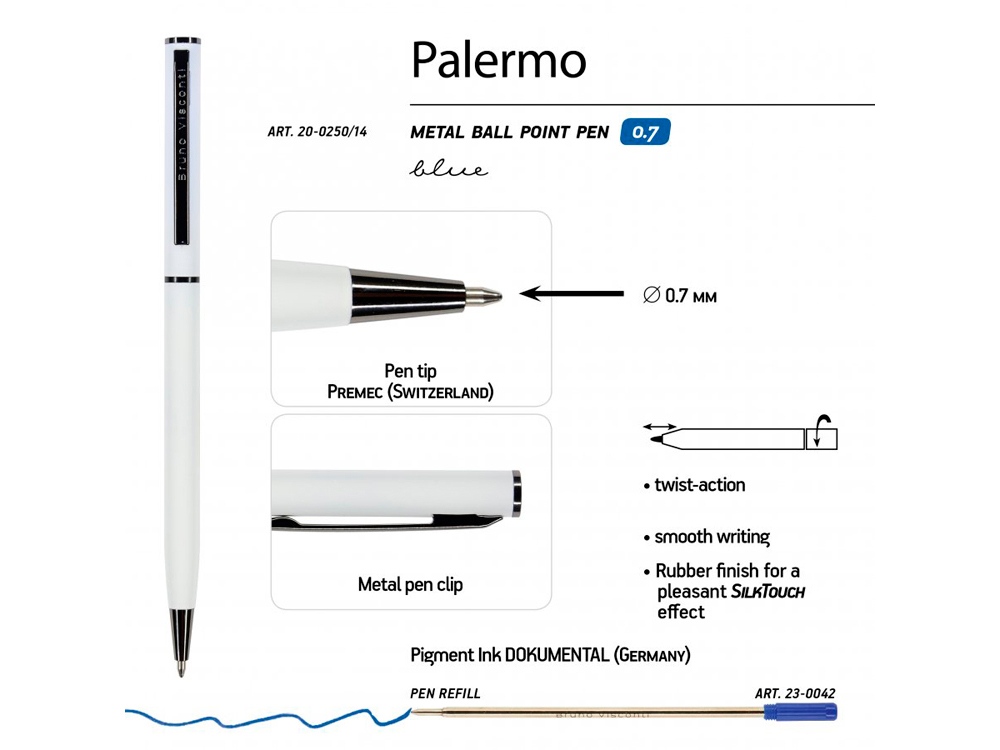 Ручка шариковая автоматическая BrunoVisconti® PALERMO цвет корпуса белый, soft-touch, 0.7 мм