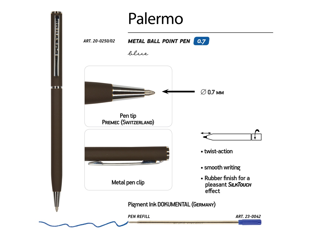 Ручка шариковая автоматическая BrunoVisconti® PALERMO цвет корпуса коричневый, soft-touch, 0.7 мм