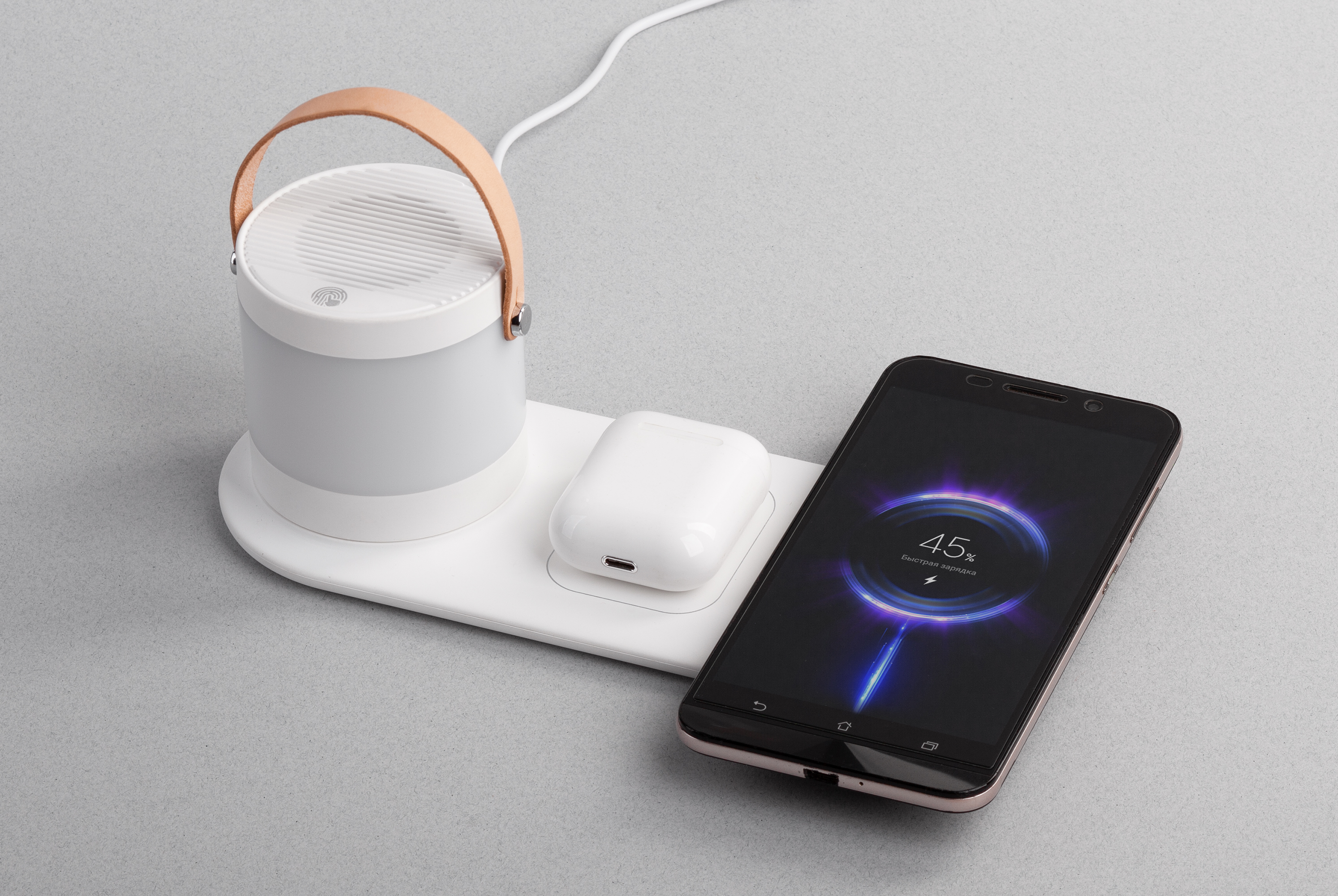 Настольная беспроводная (15W) зарядная станция "Smart Home" с bluetooth колонкой-лампой с логотипом smart | Print Logo