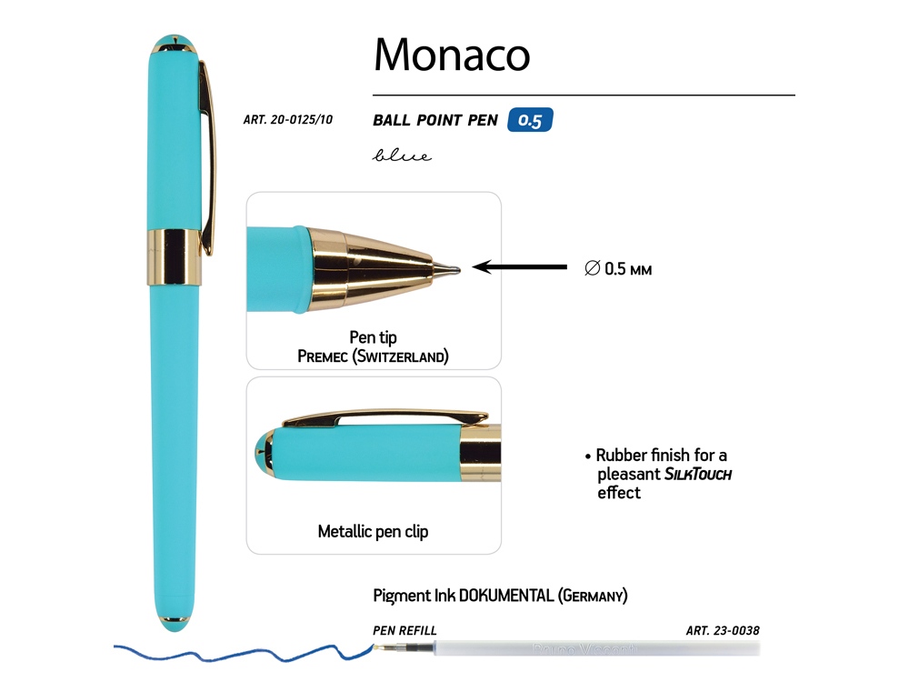 Ручка пластиковая шариковая Monaco, 0,5мм, синие чернила, небесно-голубой