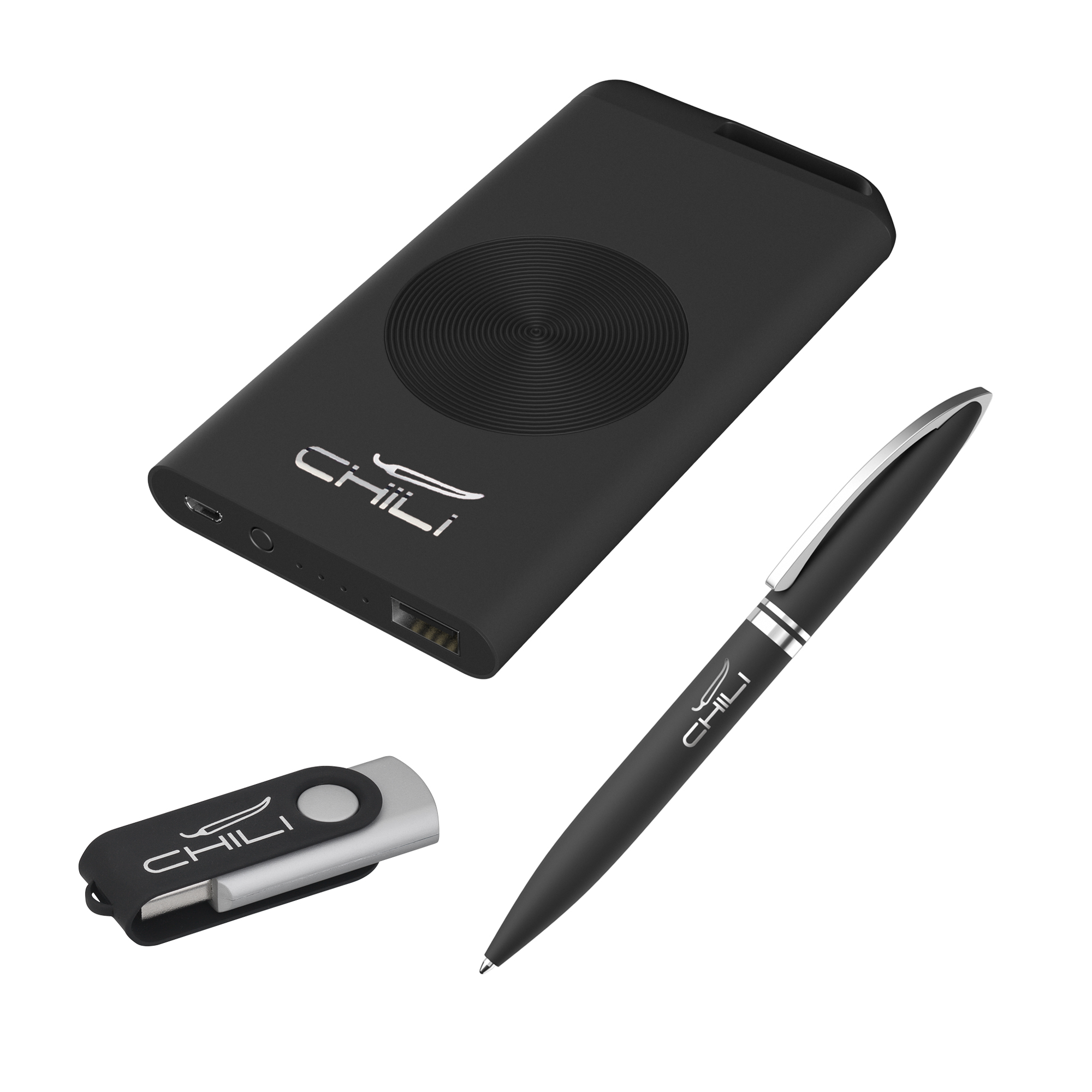 Набор ручка "Rocket" + флеш-карта "Vostok" 16Гб + беспроводное ЗУ "Theta Wireless" 4000 mAh, soft touch, черный с серебристым