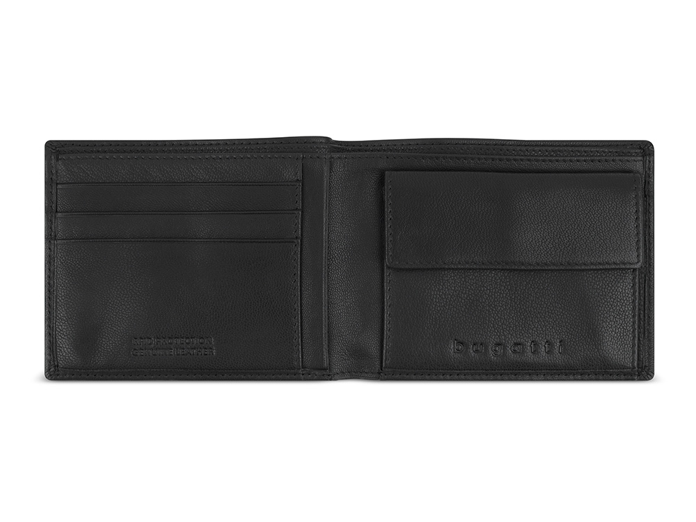 Портмоне BUGATTI ЧЕРНАЯ МАГИЯ | BLACK MAGIC, с защитой данных RFID, черное, натуральная кожа козы, 11,5х2х9 см