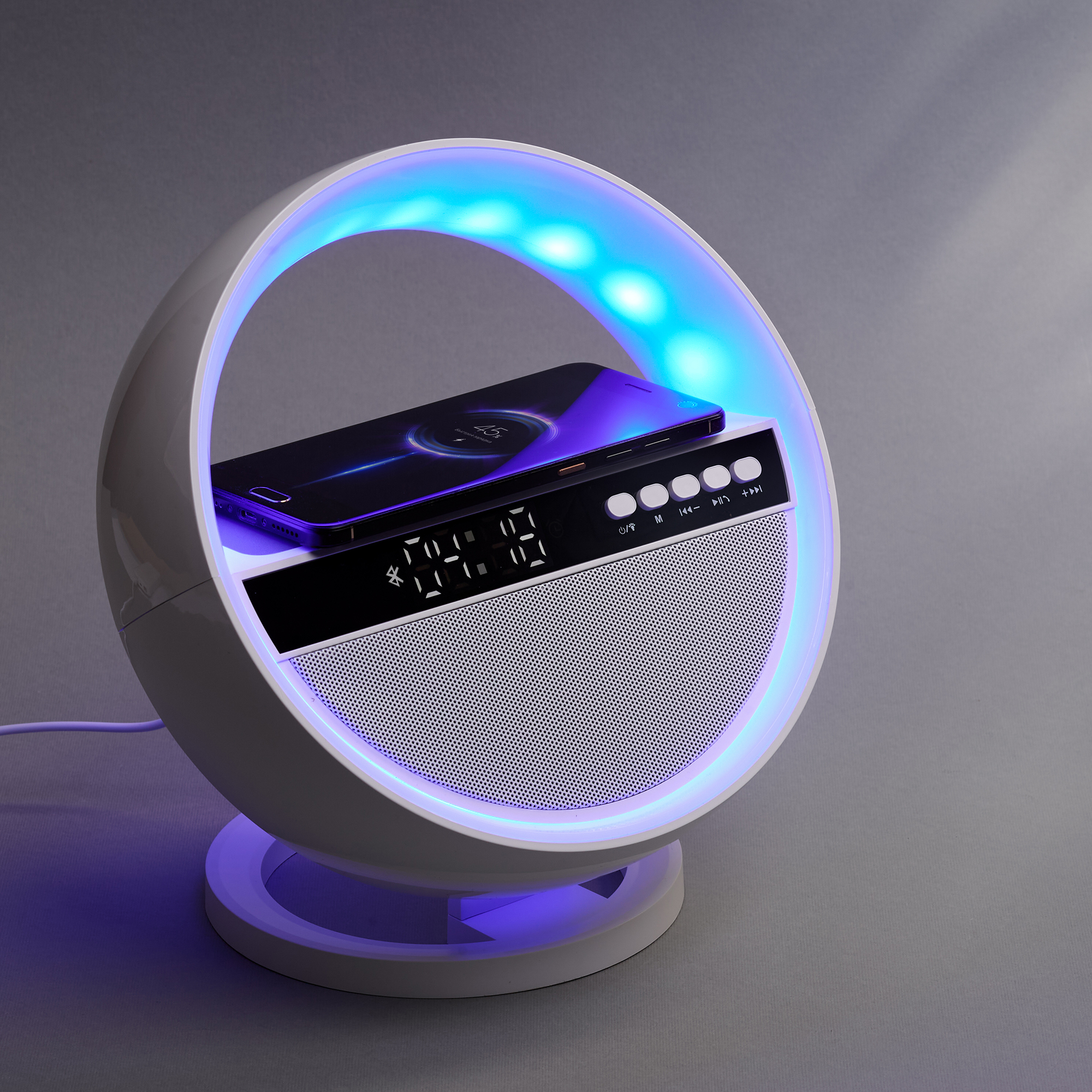 Bluetooth колонка "Smart Orb" 5Вт с беспроводным (15W) ЗУ, лампой, часами, FM радио фото на сайте Print Logo.