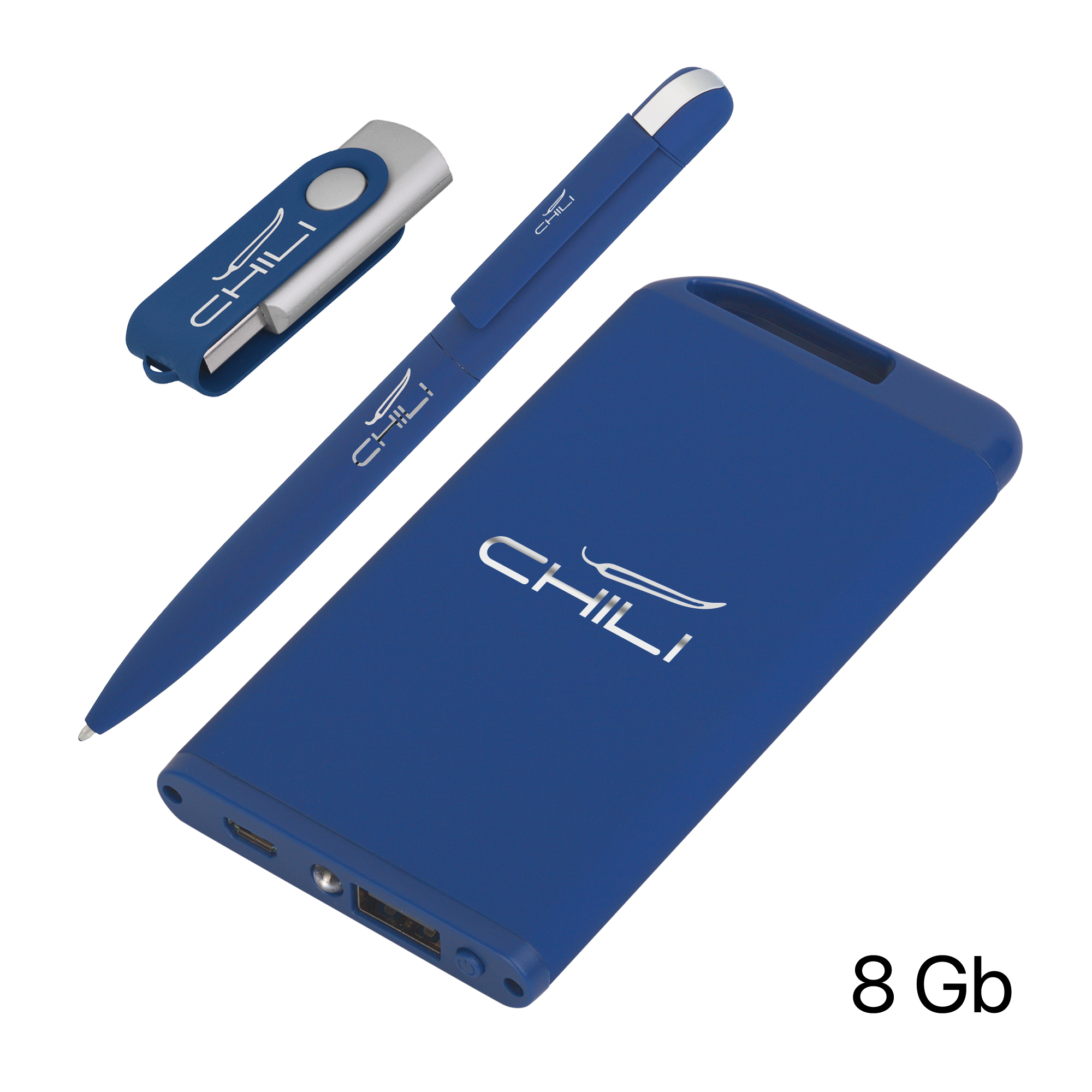 Набор ручка + флеш-карта 8Гб + зарядное устройство 4000 mAh в футляре, soft touch, темно-синий