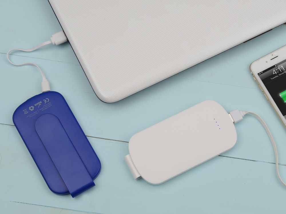 Портативное зарядное устройство Pin на 4000 mAh с большой площадью нанесения и клипом для крепления к одежде или сумке, белый