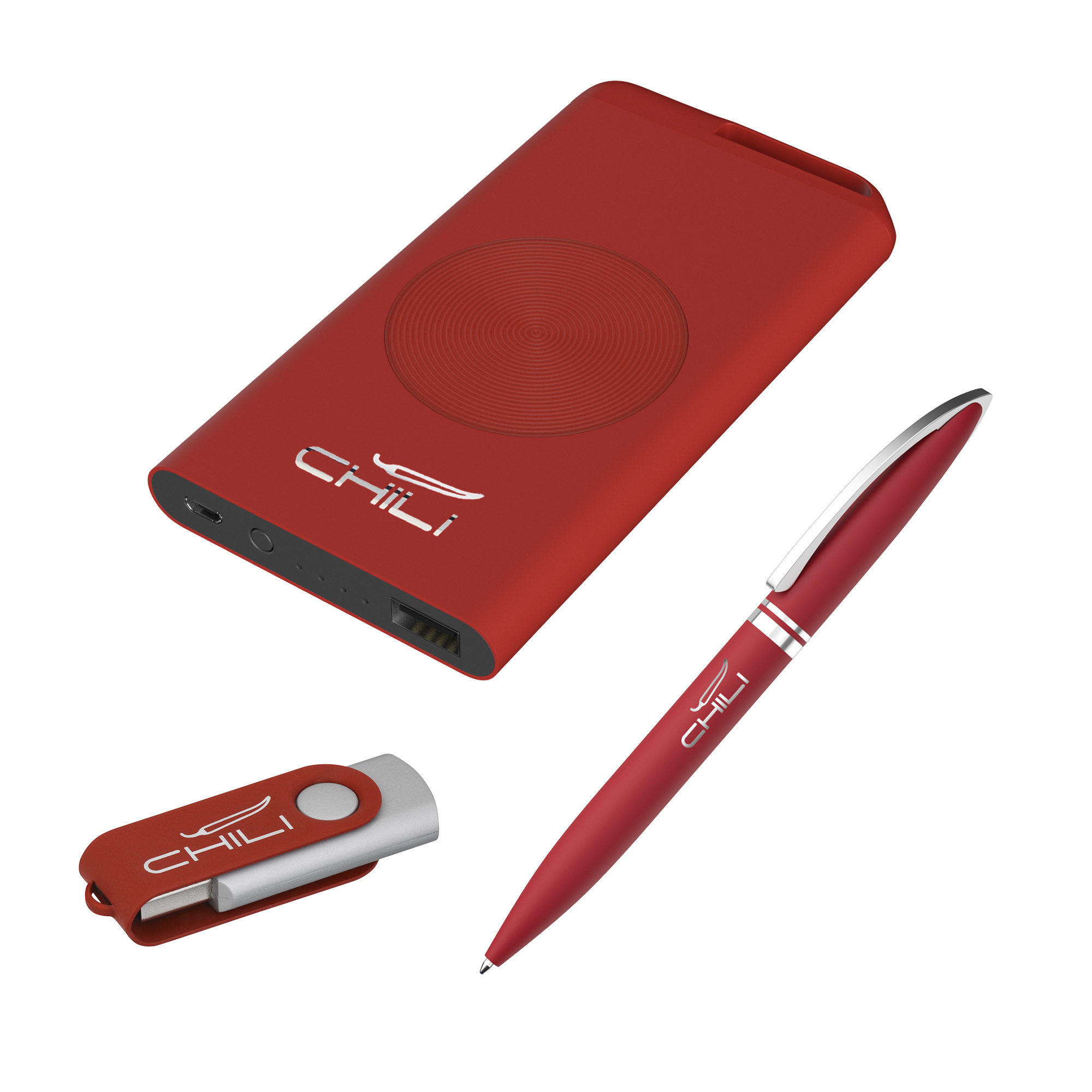 Набор ручка "Rocket" + флеш-карта "Vostok" 16Гб + беспроводное ЗУ "Theta Wireless" 4000 mAh, soft touch, красный с серебристым