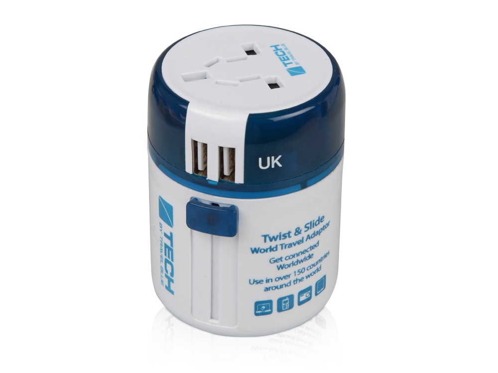 Адаптер с 2-мя USB-портами Twist &amp; Slide с логотипом Travel Blue | Print Logo