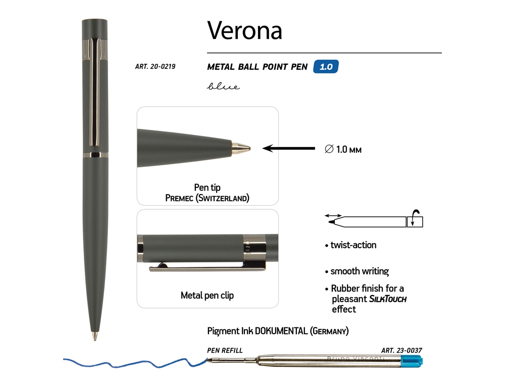 Ручка шариковая автоматическая BrunoVisconti VERONA цвет корпуса серый, soft-touch, 1 мм, синяя