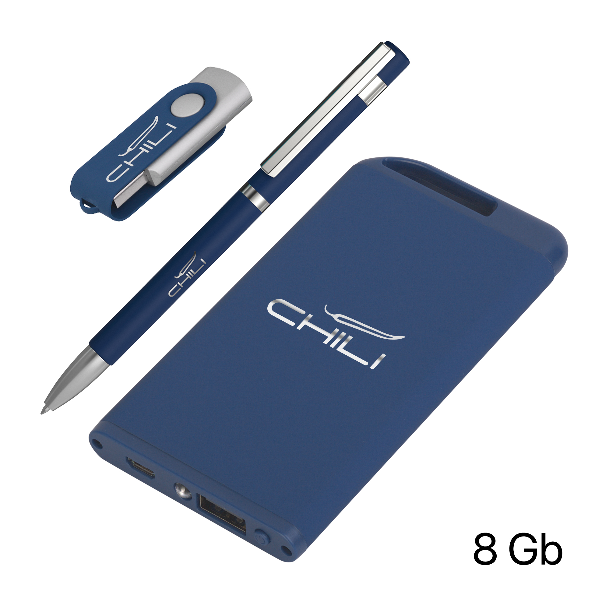 Набор ручка + флеш-карта 8Гб + зарядное устройство 4000 mAh soft touch, темно-синий