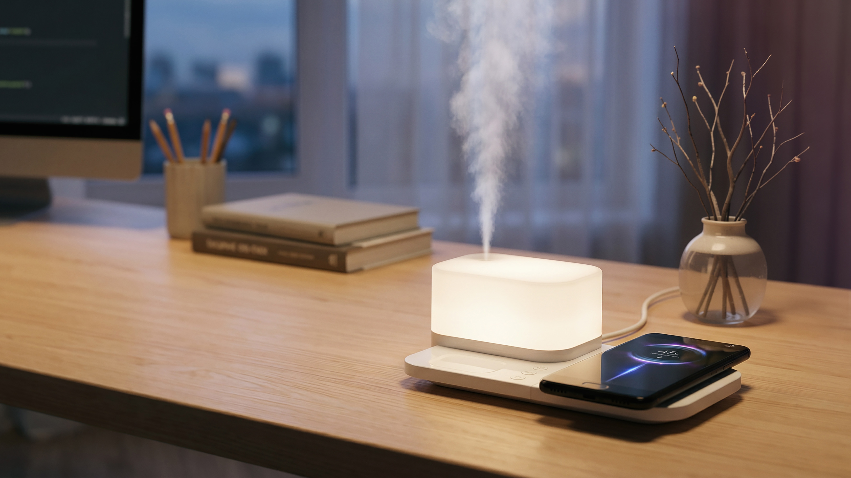 Настольная беспроводная (15W) зарядная станция  "Smart Base" с увлажнителем и лампой, белый