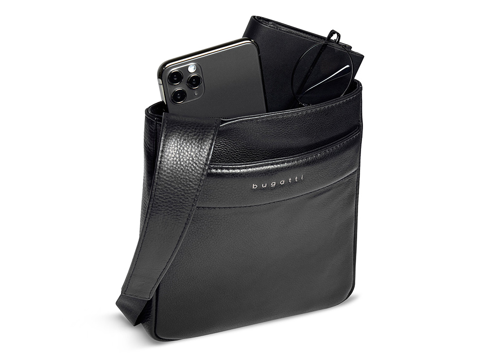 Сумка наплечная мужская BUGATTI НОМ | NOME, черная, воловья кожа/полиэстер, 18х3,5х19 см, 1 л
