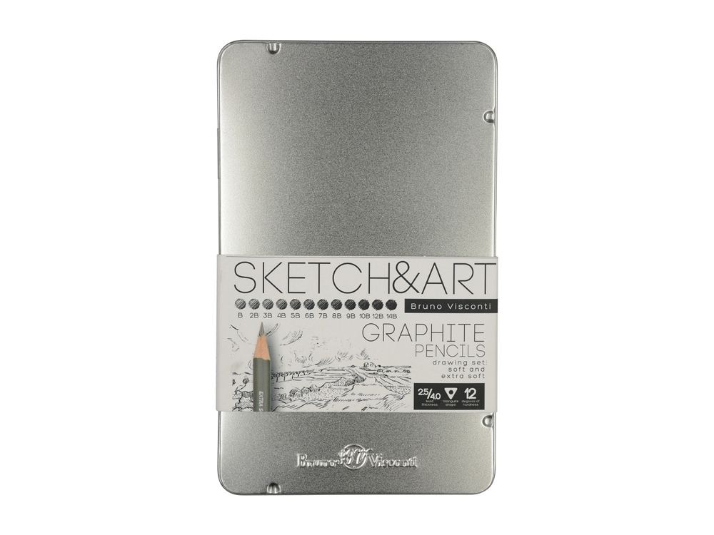 Набор из 12 чернографитовых карандашей Sketch &amp; Art В - 14В с логотипом Bruno Visconti | Print Logo