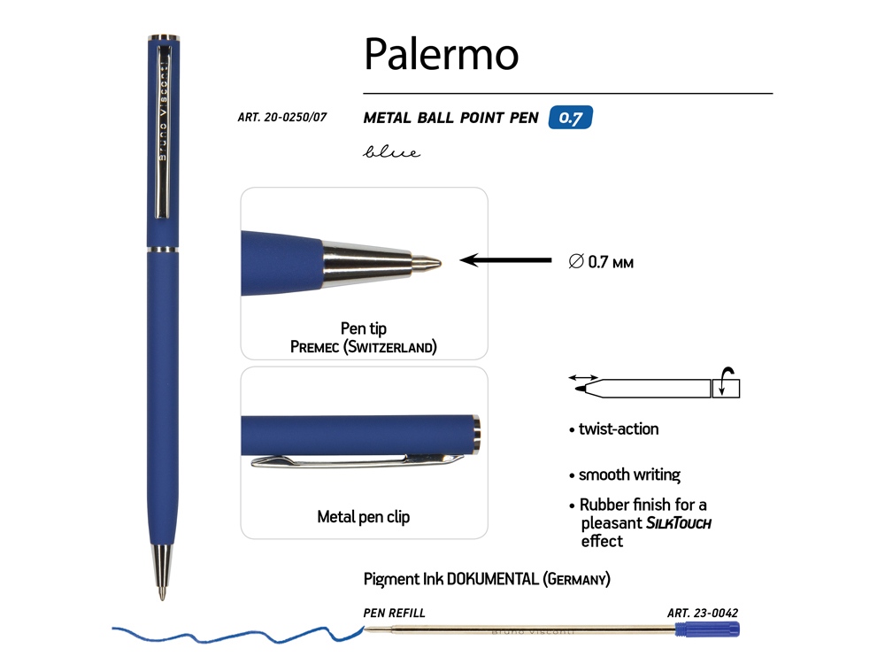 Ручка шариковая автоматическая BrunoVisconti® PALERMO цвет корпуса синий, soft-touch, 0.7 мм