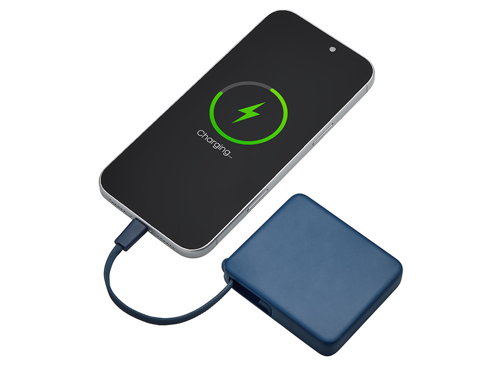 Внешний аккумулятор со встроенным кабелем USB-C Дэнси, 5000 мАч, темно-синий