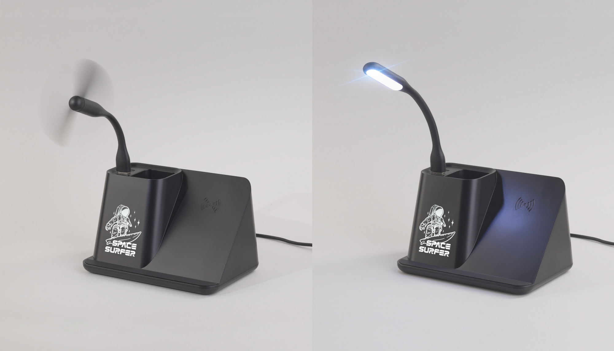 Карандашница "Black Star" с беспроводным (10W) зарядным устройством, вентилятором и лампой, с подсветкой логотипа фото на сайте Print Logo.